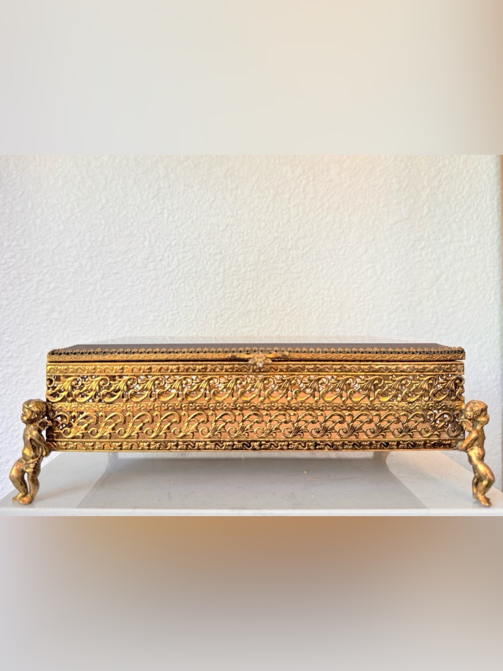 Vintage Ormolu Filigree Beveled Glass Jewelry Box with Cherub Feet
